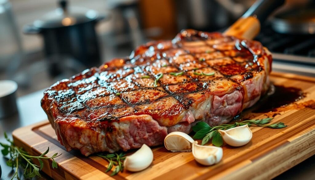 pan-searing and reverse searing tomahawk steak