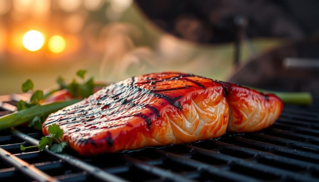 Grilled salmon on a grill,seafood dinner ideas