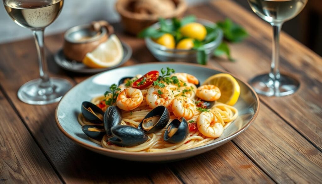 seafood pasta presentation